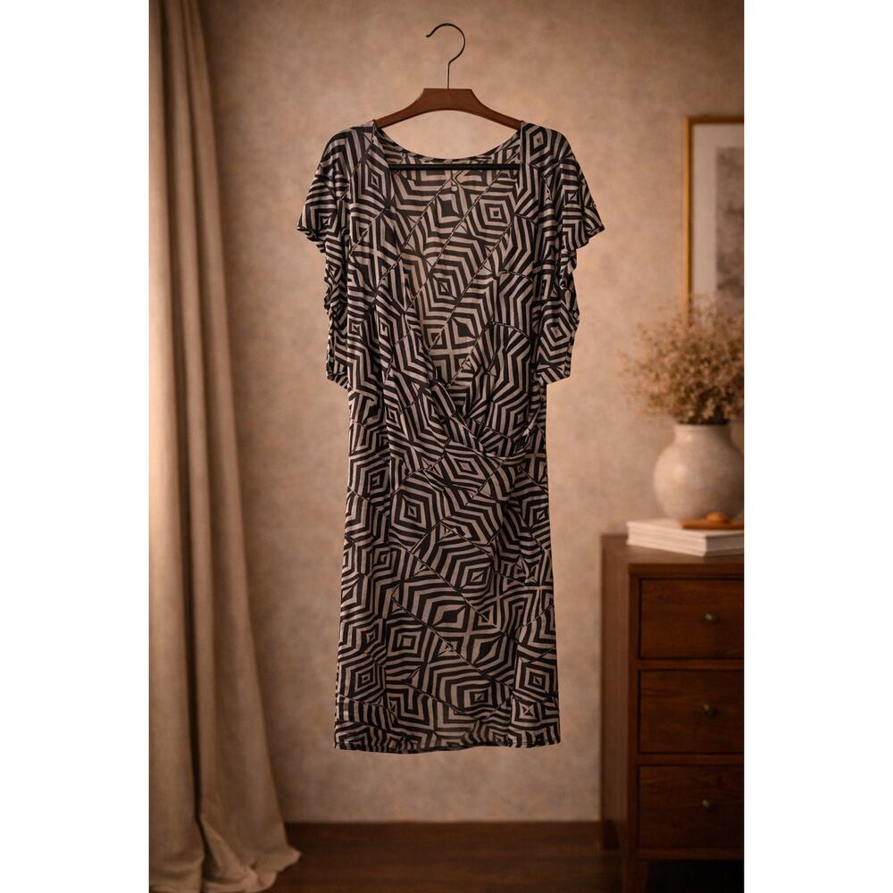 Plenty by Tracy Reese Faux Wrap Dress Blue Gray Linen Cap Sleeve M Casual Resort